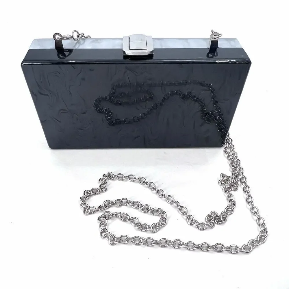 Kate Landry Silver & Black Pearly Lucite Box Clutch Cross Body Evening Handbag